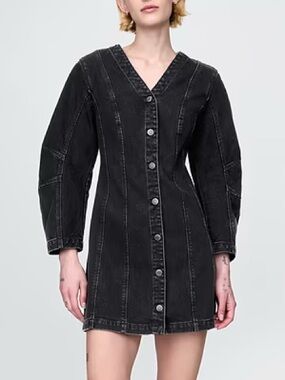 GAP Barrel-Sleeve Denim Black Denim Button-Front Mini Dress/ Jacket